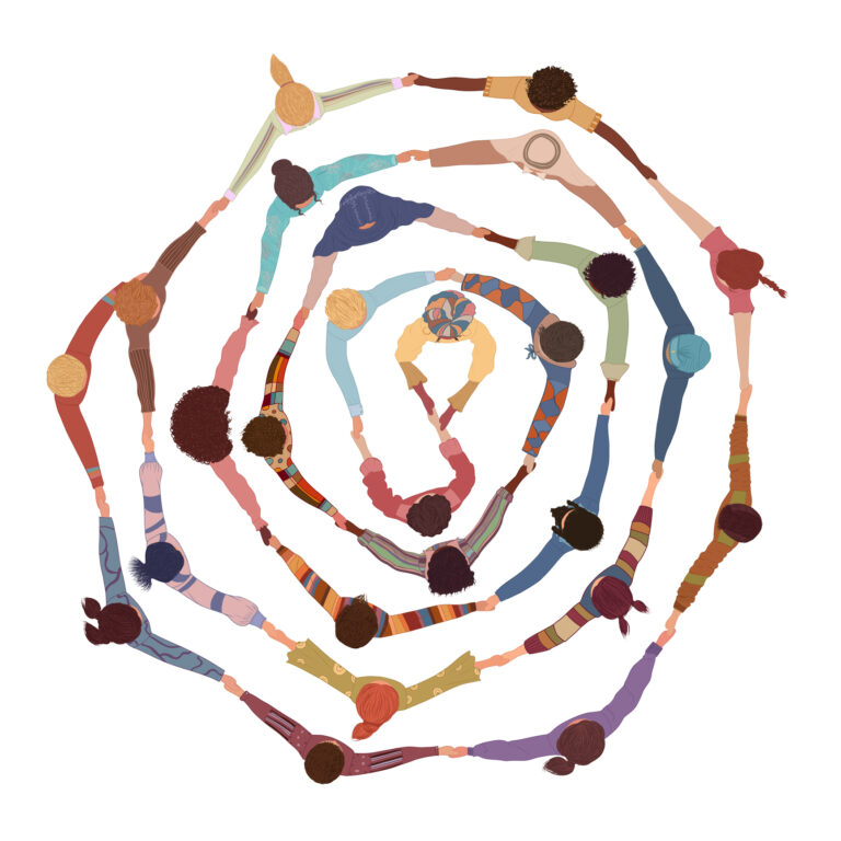 An illustration of people holding hands in a circle, viewed from overhead.