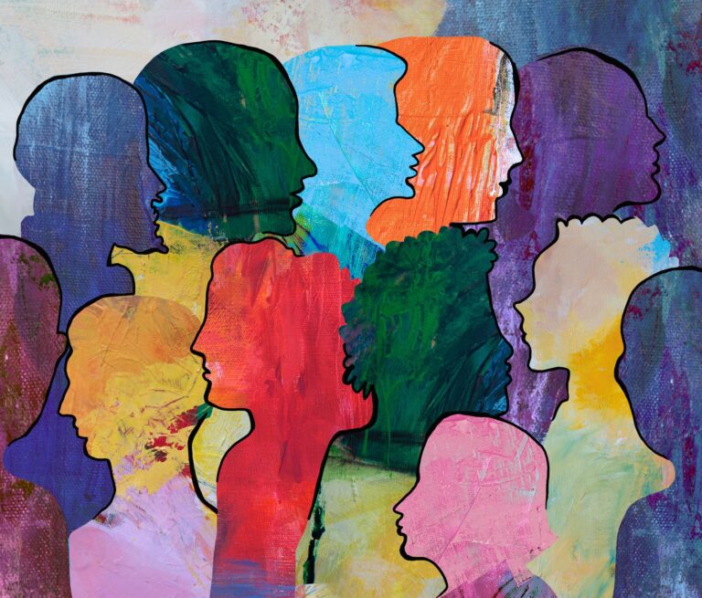 A multi-coloured illustration of people in a group.