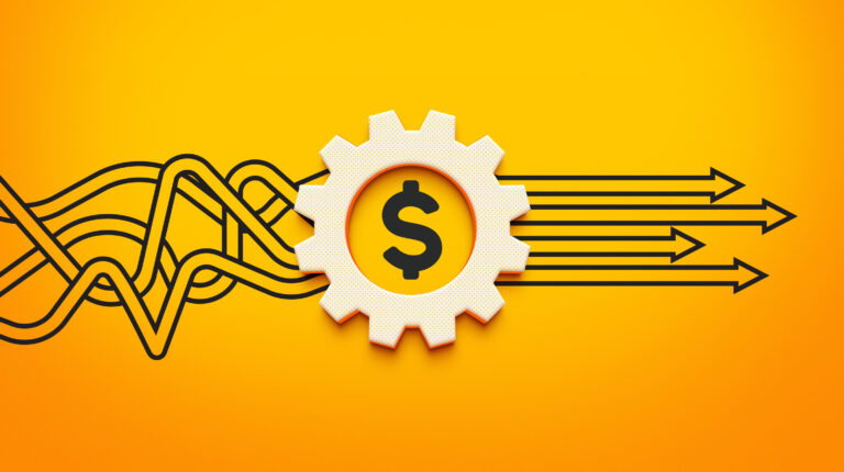 A line drawing of scrambled lines being placed in order by a dollar sign inside a cog.