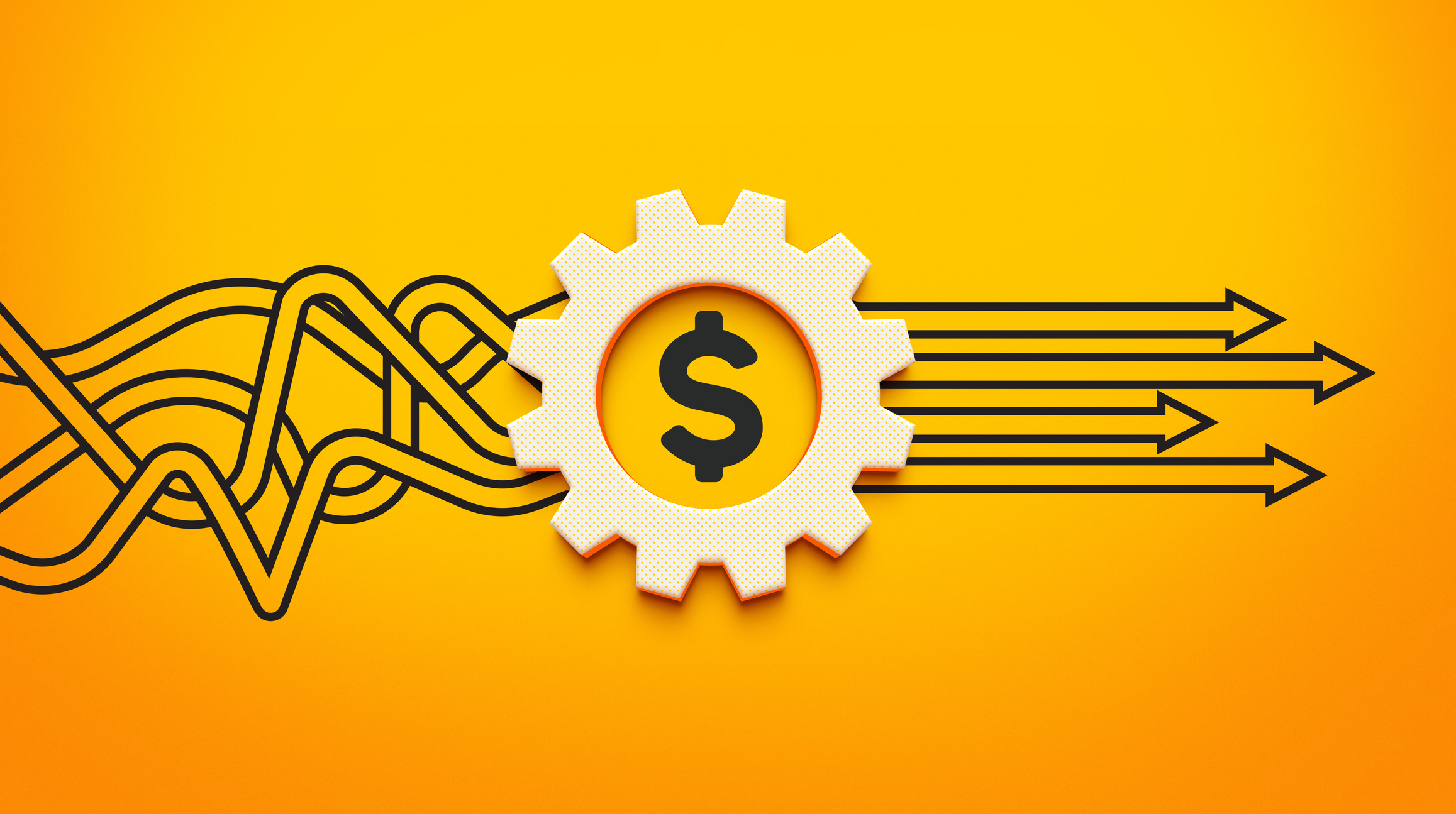 A line drawing of scrambled lines being placed in order by a dollar sign inside a cog.