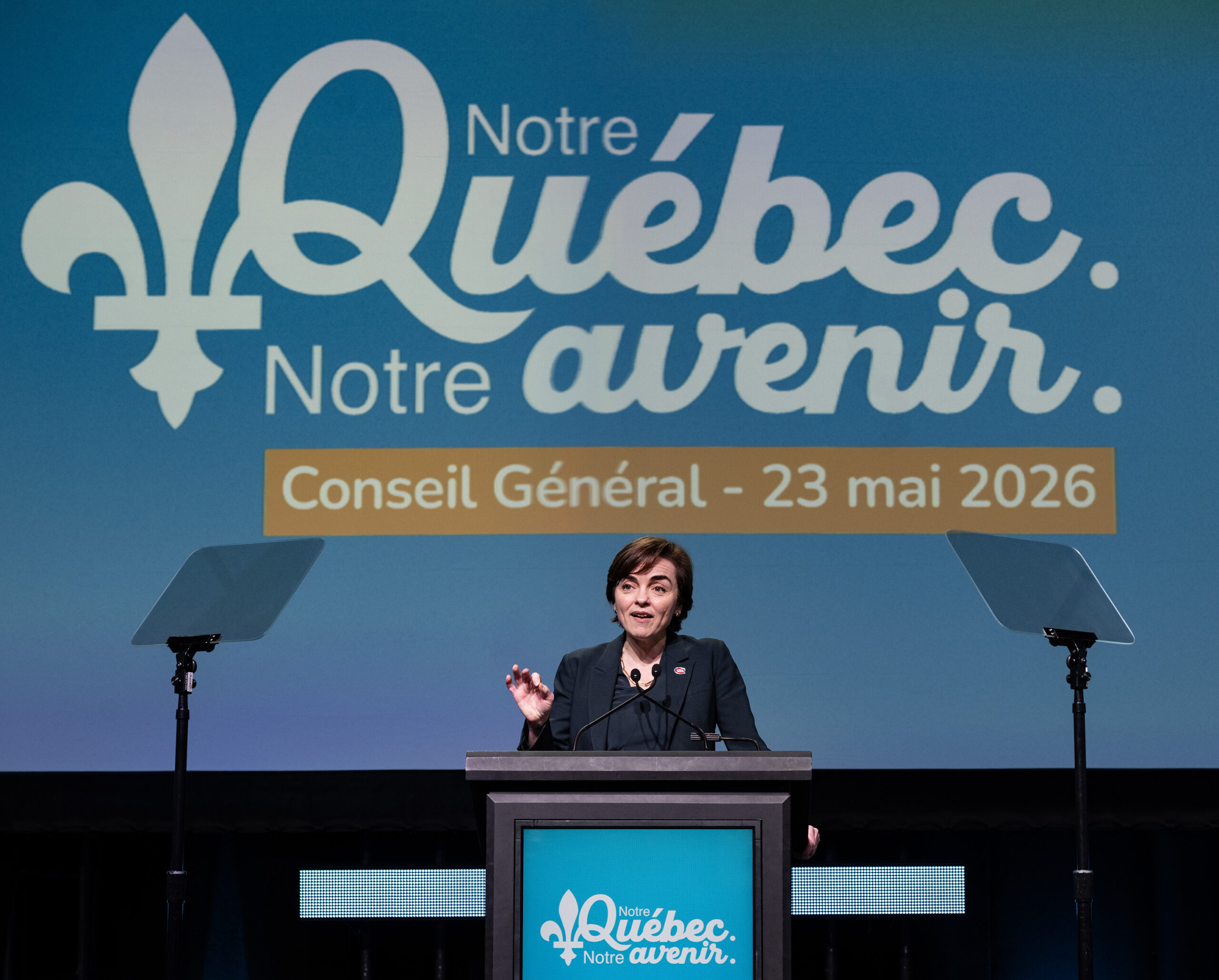 Quebec Premier Christine Frechette speaks at the Coalition Avenir Quebec general council meeting held in Levis, Que., Saturday, May 23, 2026. THE CANADIAN PRESS/Karoline Boucher