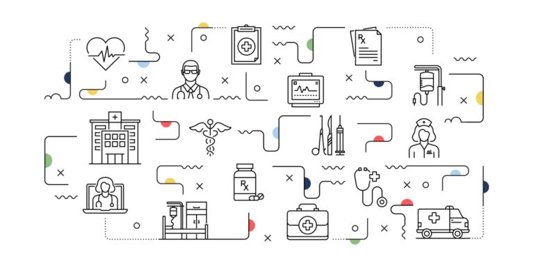 A dozen medical icons are clustered but don’t connect to each other.