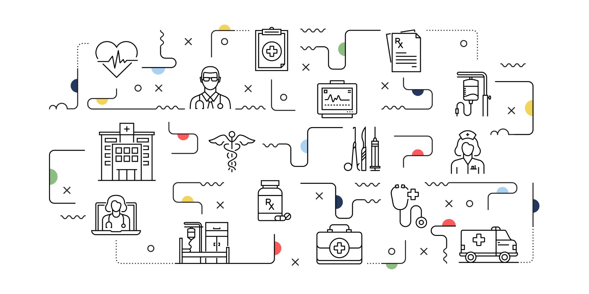 A dozen medical icons are clustered but don’t connect to each other.