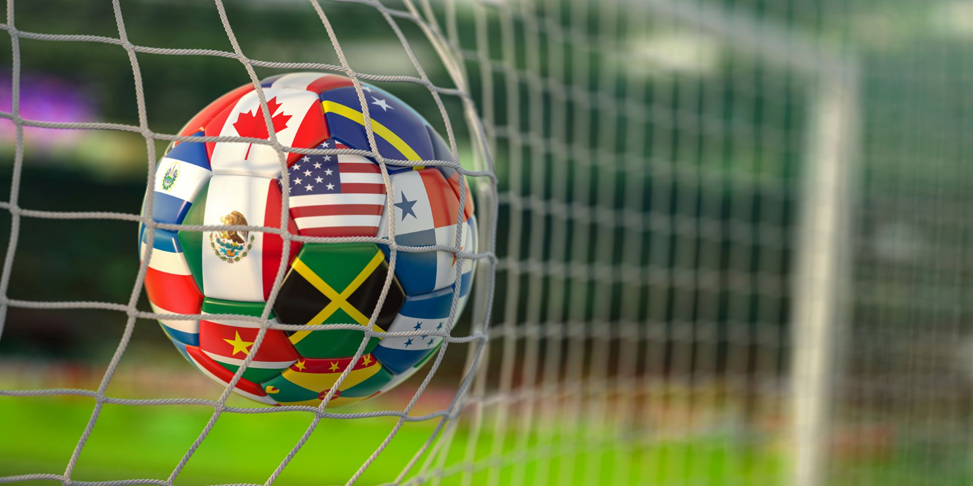 Illustration 3D d’un ballon de soccer à l’effigie de drapeaux des pays d’Amérique du Nord.