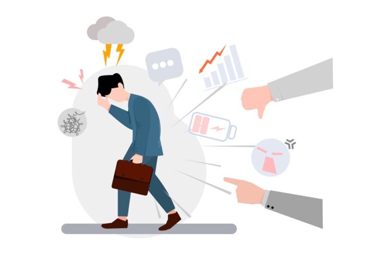 Illustration d’un employé en détresse marchant avec une mallette, entouré de symboles représentant le stress, le harcèlement en ligne, la surcharge numérique et l’épuisement professionnel.