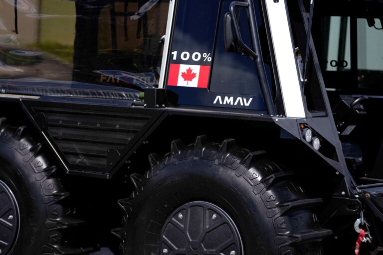 The truck is black with big wheels.