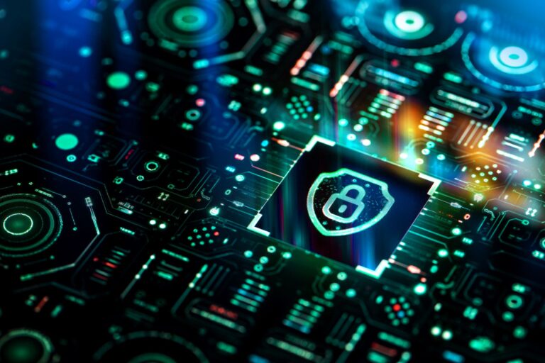 Cyber and crypto security shield on futuristic screen technology background.