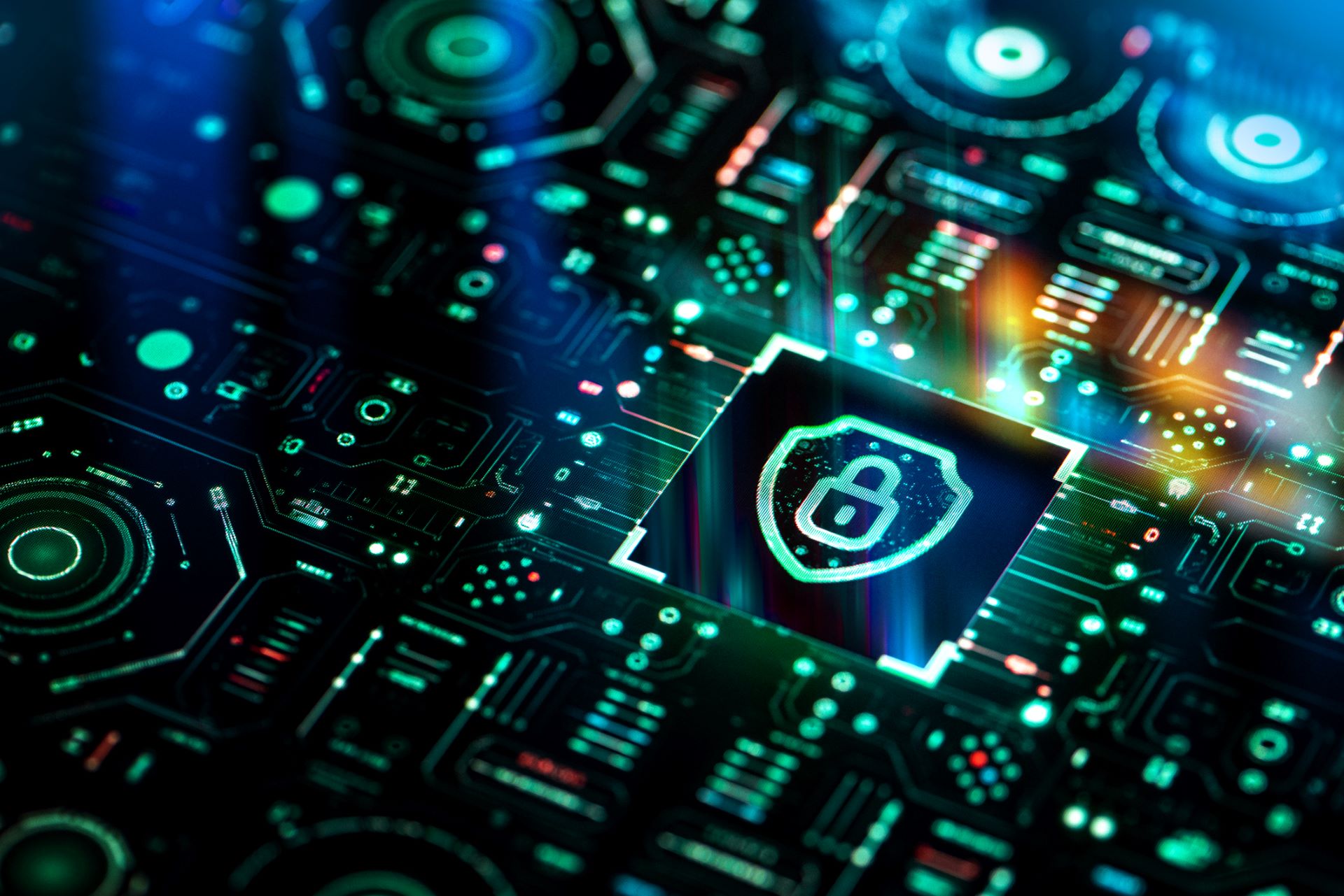 Cyber and crypto security shield on futuristic screen technology background.