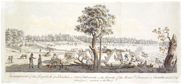A cluster of white tents sits along the waterside as people busy themselves. 