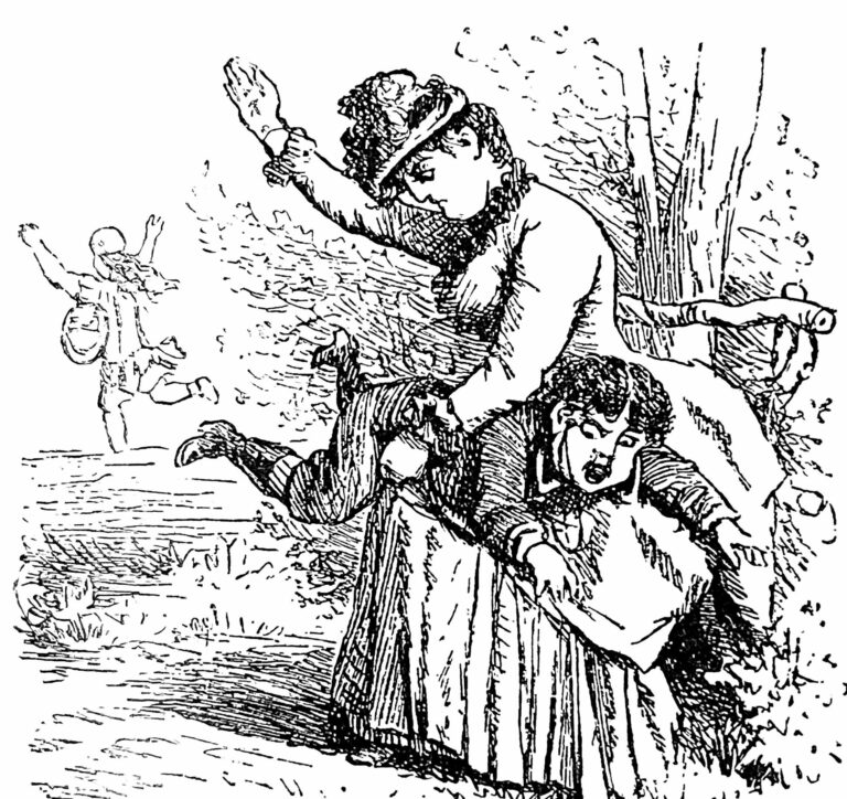 Black-and-white illustration of an Victorian-era woman raising a hand toward a child’s bum outdoors.