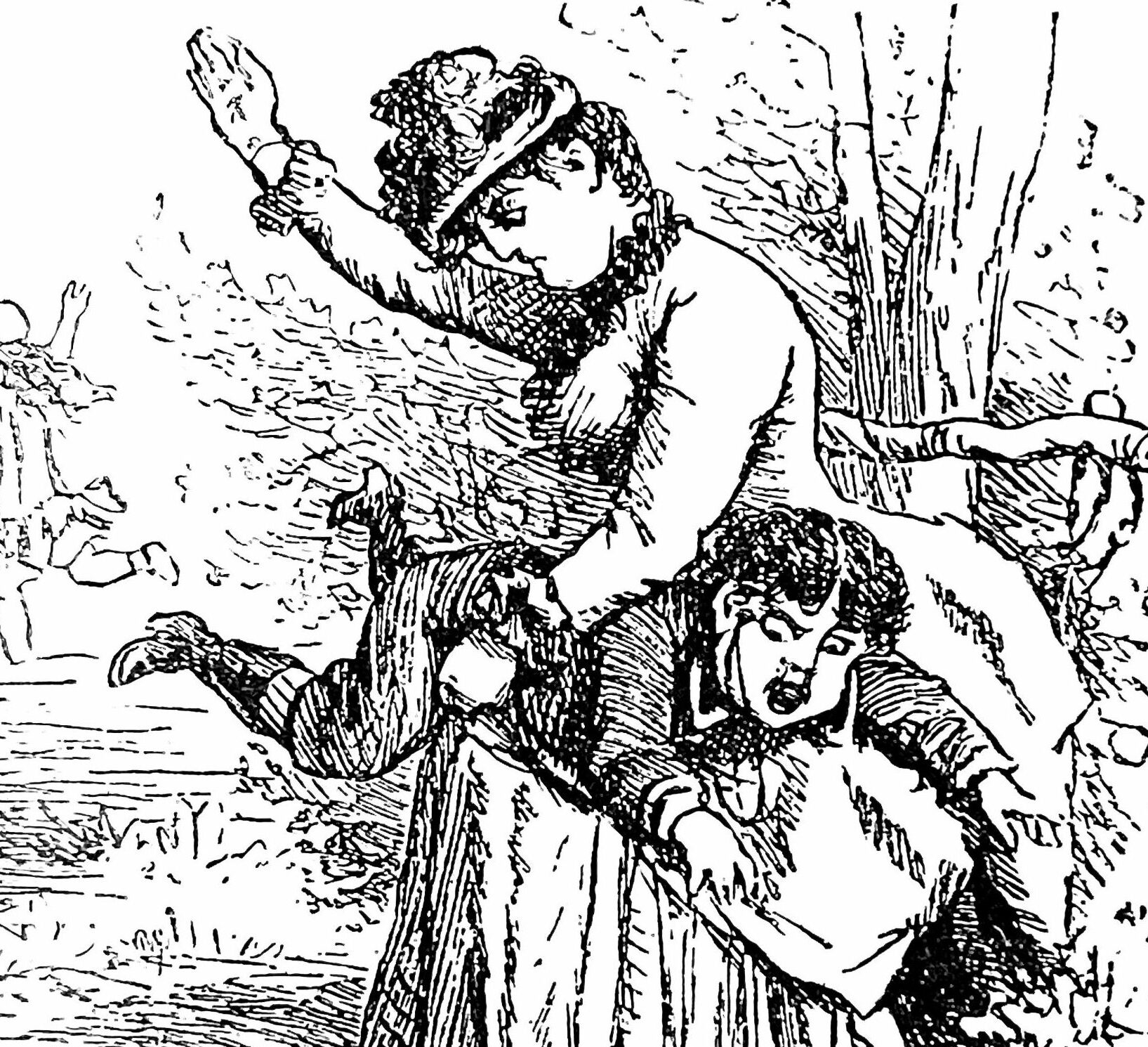 Black-and-white illustration of an Victorian-era woman raising a hand toward a child’s bum outdoors.