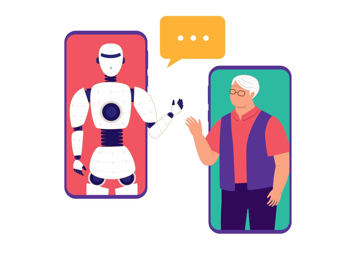 An illustration of two telephones communicating, one featuring an older man and the other a robot.