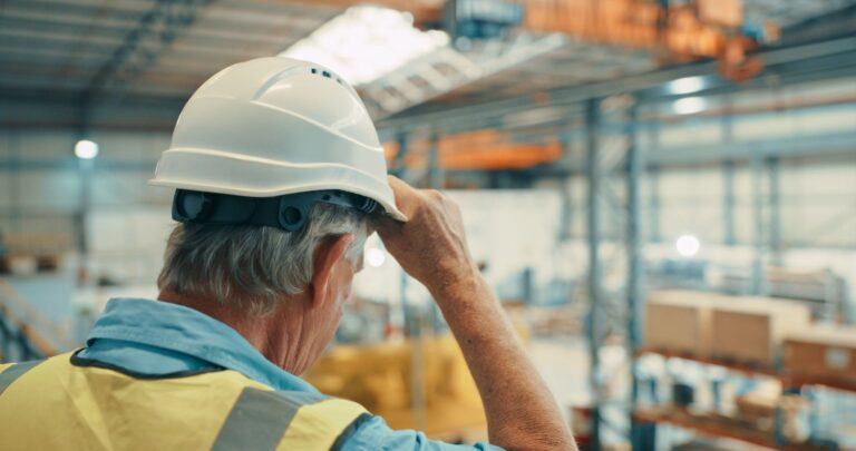 A grey-haired man in a hard hat looks out over a factory floor.