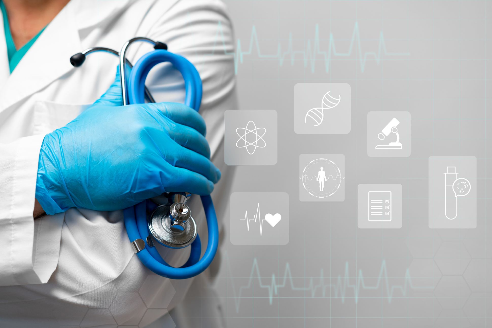 Healthcare worker in blue gloves confidently holds a stethoscope with medical icons.