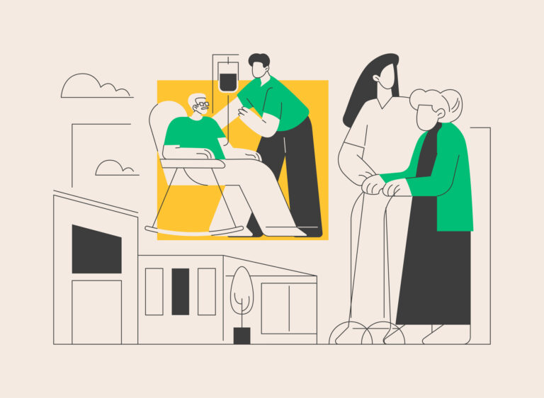 An illustration of younger persons caring for older inform persons.