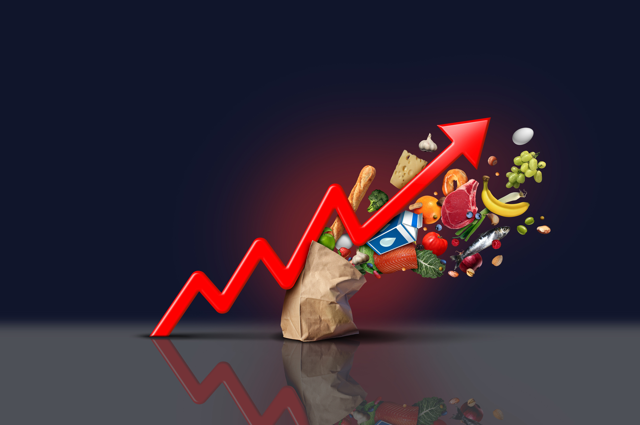 An illustration showing a red line graph knocking apart a bag of groceries.