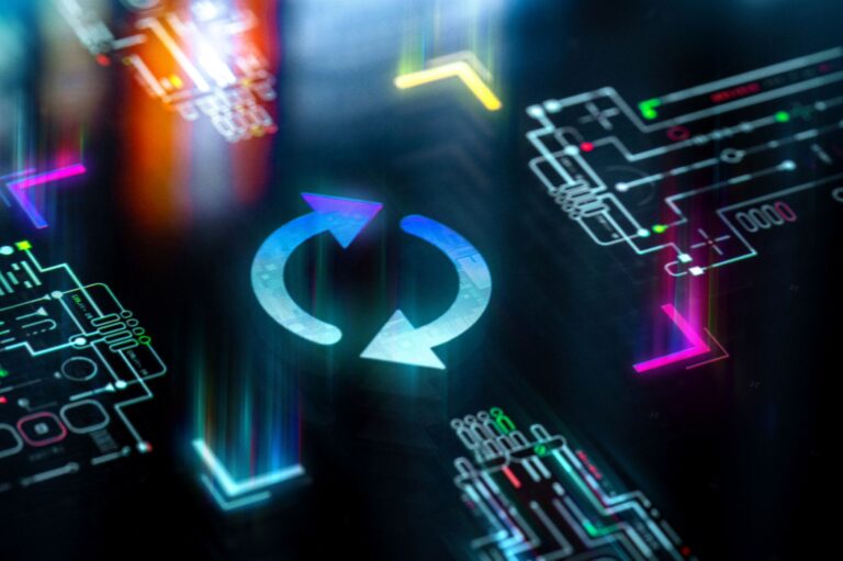 Digital arrows are forming a loop and are surrounded by microchips.