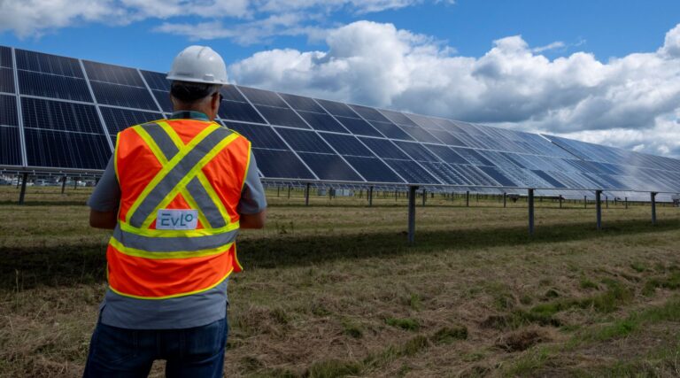 Un ouvrier d'Hydro-Québec observe des panneaux solaires.
