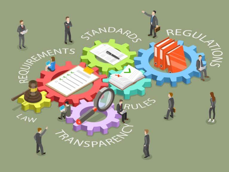 An animated illustration of small office workers gathered around a rube goldberg machine of cogs with labels like "transparency" and