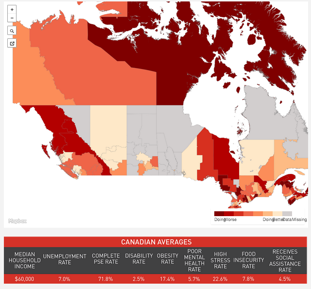 Variation across Canada on a composite measure of health and well-being.