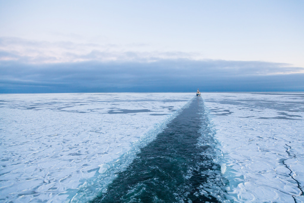 Wake ship in frozen sea. Ice caravan wiring ship_350585897