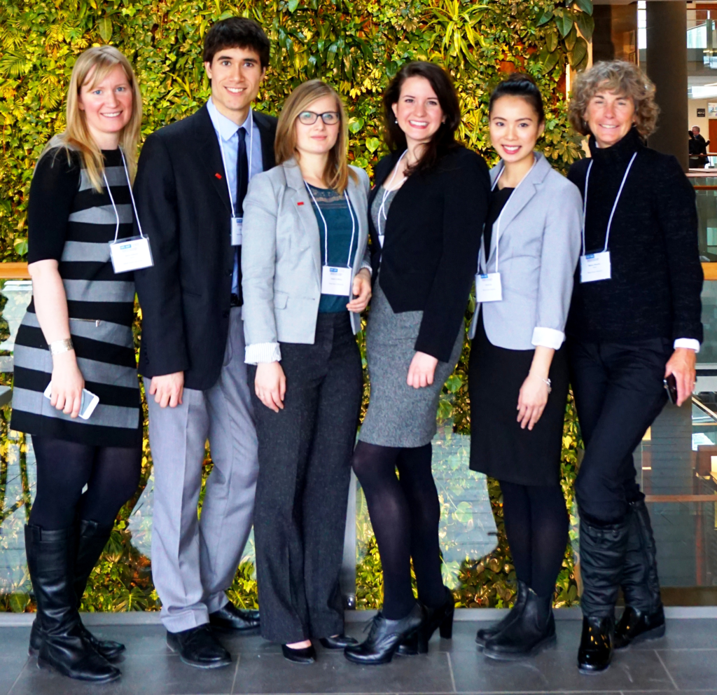 Photo: National Public Administration Case Competition 2016 winning team from Simon Fraser University; from left to right, coach Kora De Beck; students Eric Bring, Sarah Griffiths, Hope Caldi, and Sandy Lee; and coach Nancy Olweiler. 