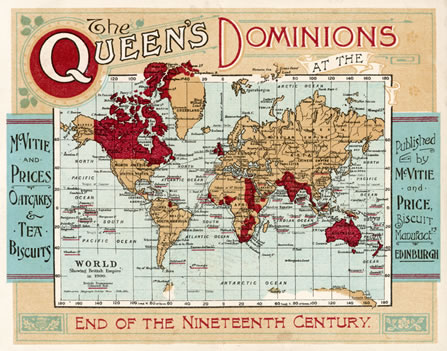A world map with red shaded areas denoting the Old Dominions. On the right side of the map is a blue shaded box with the publisher’s name: McVitie and Price Biscuit Company in Edinburgh. On the other side is a similar blue box with the text: McVitie and Prices (sic) Oatcakes & Tea Biscuits.