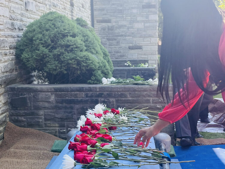 A casket covered in blue cloth and dozens of long-stemmed red roses and white flowers sits in an outdoor space enclosed on two sides by stone walls and evergreen shrubs. A woman with long black hair leans down to place one of the flowers on the casket. Her face is obscured by her hair. She is wearing a red blouse and her nails are manicured with bright red polish. 