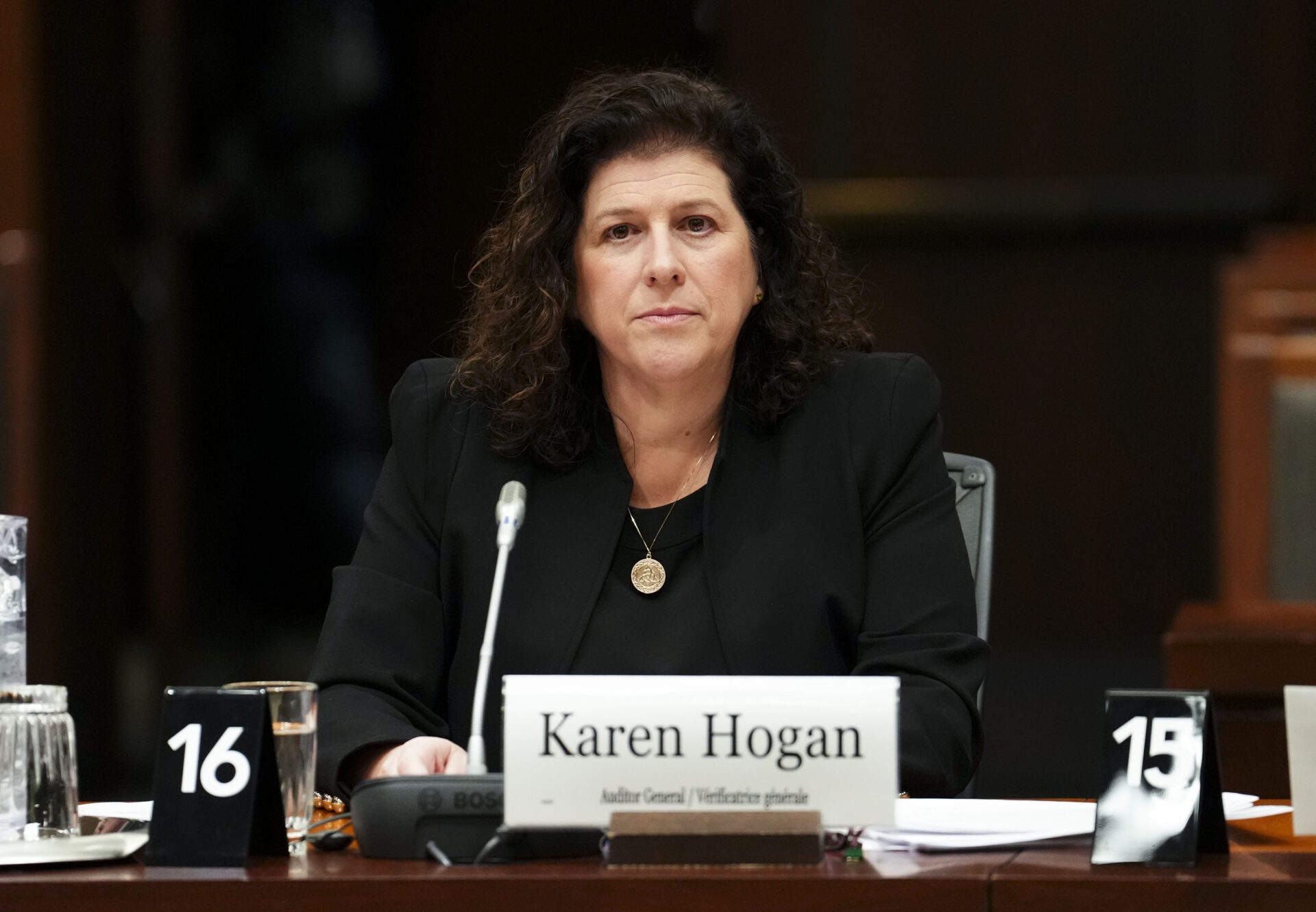 Hogan is sitting at a long dark wooden table with a thin microphone in front of her along with a small white nameplate sign, a glass of water and sheathes of paper laid out. She is dressed in black and is listening with an impassive expression. 
