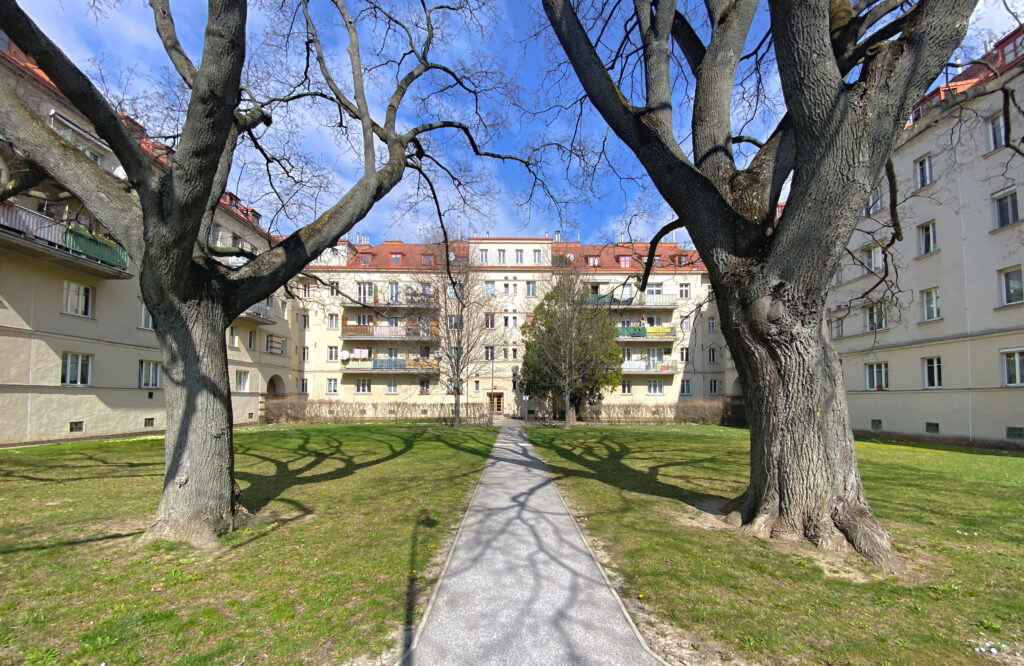 A courtyard with grass and mature trees is bordered on three sides by three wings of the Breitenseer building, which stands about six storeys high with a cream-coloured facade and a brown roof. Some of the floors have long balconies/terrasses.